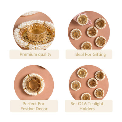 Metal, PVC Pearl Tea Light Holder Set Of 6, Diwali Decoration Items For Home Decor