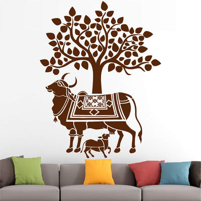 Kamdhenu Cow and Calf - Holy Cow - Hindu Religion - Sacred - God - Creative - Colorful Wall Sticker' -SM784 (Multi Colour, Vinyl - 100cm X 80 cm)