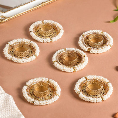 Metal, PVC Pearl Tea Light Holder Set Of 6, Diwali Decoration Items For Home Decor