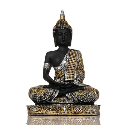 Polyresin Sitting Buddha Idol Statue | Home Decor Showpiece | Decoration & Gift - SilverBlack