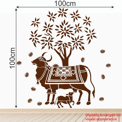 Kamdhenu Cow and Calf - Holy Cow - Hindu Religion - Sacred - God - Creative - Colorful Wall Sticker' -SM823 (Multi Colour, Vinyl - 100cm X 100 cm)