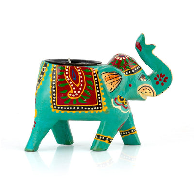 Handcrafted and Colorful Wooden Elephant Tea Light Holder - Blue