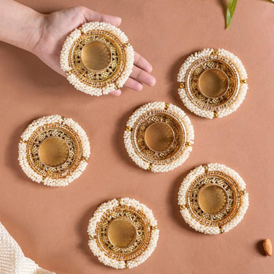 Metal, PVC Pearl Tea Light Holder Set Of 6, Diwali Decoration Items For Home Decor