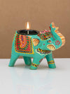 Handcrafted and Colorful Wooden Elephant Tea Light Holder - Blue