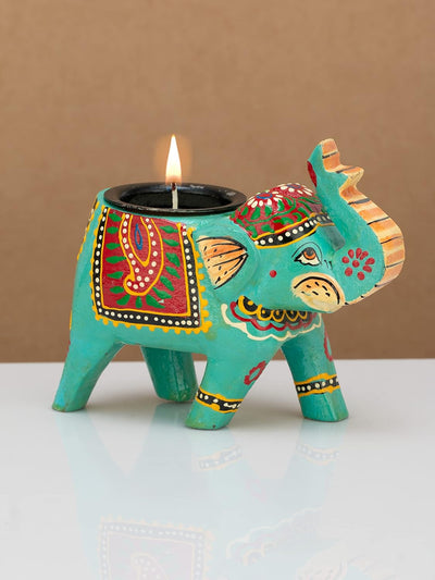 Handcrafted and Colorful Wooden Elephant Tea Light Holder - Blue