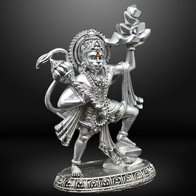 Hindu Gods : Hanuman Ji Bajrang Bali Idol Silver Finish Pratima – Divine Décor Statue for Car Dashboard, Home and Office
