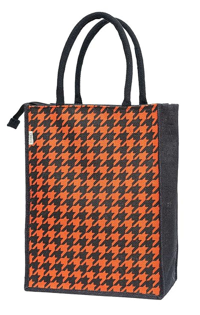 Houndstooth Printed Jute Bag With zip - Orange. Lunch Bag, Grocery Bag, Tote Bag, Hand Bag, Picnic Bag - Bag for Men, Bag for Women