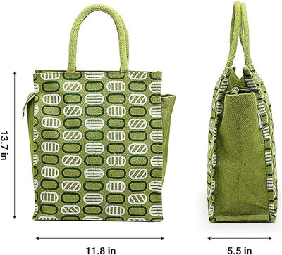 Trendy Jute Bags - Green, Eco-Friendly Jute Bags Tiffin/Shopping Grocery Multipurpose Hand Bag with Zip & Handle for Men & Women