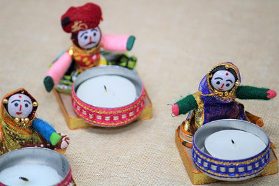 Recycled Martial Rajasthani Dolls Sitting Tealight Candle Holder, Multicolor