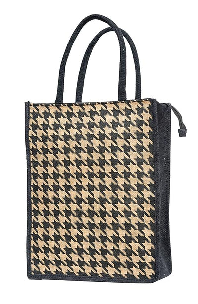 Houndstooth Printed Jute Bag with Zip - Natural Brown. Lunch Bag, Grocery Bag, Tote Bag, Hand Bag, Picnic Bag - Bag for Men, Bag for Women