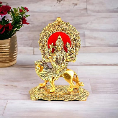 Goddess Durga Mata Idol Sitting on Lion Idol Statue for Pooja Ghar, Home Decor, Office & Car Dashboard