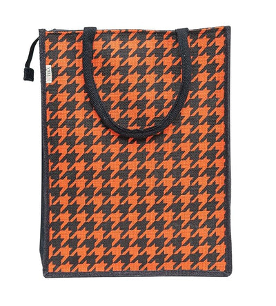 Houndstooth Printed Jute Bag With zip - Orange. Lunch Bag, Grocery Bag, Tote Bag, Hand Bag, Picnic Bag - Bag for Men, Bag for Women