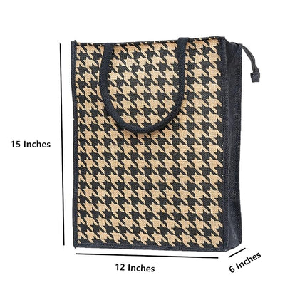 Houndstooth Printed Jute Bag with Zip - Natural Brown. Lunch Bag, Grocery Bag, Tote Bag, Hand Bag, Picnic Bag - Bag for Men, Bag for Women