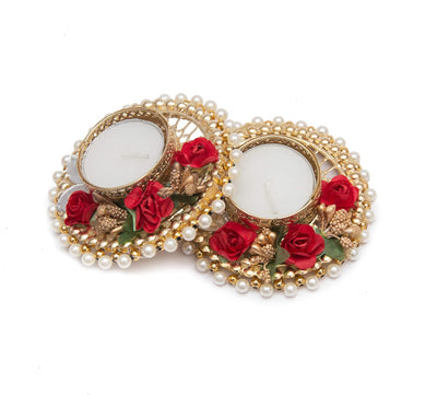 Tea Light Candle Holder and Diwali Decoration Items Traditional Designer golden Diya with Red Flowers for home décor Set of 4