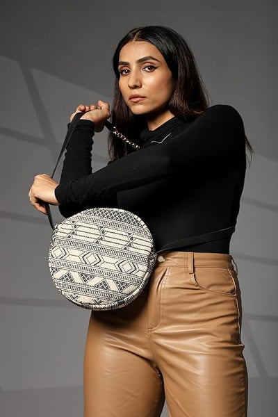 Women's Premium Cotton/Full Sling Shoulder Bag - CIRCLE-BLACK