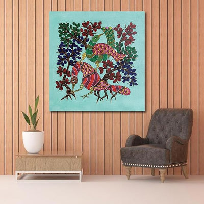 Canvas Print Digital- Beautiful Peacock Gond Art - For Your Beautiful Space - Painting Suitable Size 12X12 inches ½ inch Additional Border Each Side.