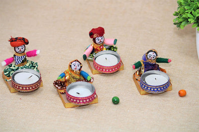 Recycled Martial Rajasthani Dolls Sitting Tealight Candle Holder, Multicolor