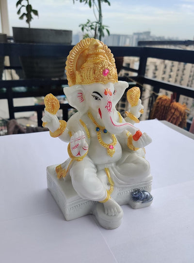 Marble Dust Ganesh Idol for Home Decor White 7 inch