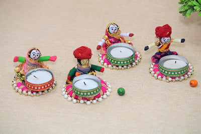 Recycled Martial Rajasthani Dolls Tealight Candle Holder, Multicolor - 2 Pair
