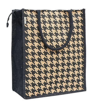 Houndstooth Printed Jute Bag with Zip - Natural Brown. Lunch Bag, Grocery Bag, Tote Bag, Hand Bag, Picnic Bag - Bag for Men, Bag for Women