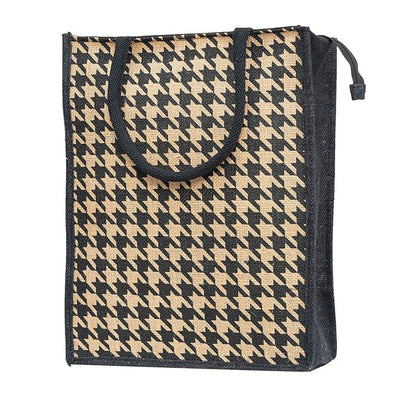 Houndstooth Printed Jute Bag with Zip - Natural Brown. Lunch Bag, Grocery Bag, Tote Bag, Hand Bag, Picnic Bag - Bag for Men, Bag for Women