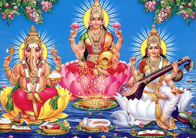 Religious God Ganesha Ganpati with Goddess Laxmi Saraswati Wall Sticker for Diwali or Navratri Occassion