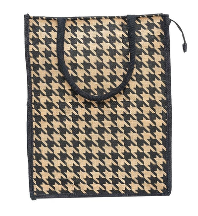 Houndstooth Printed Jute Bag with Zip - Natural Brown. Lunch Bag, Grocery Bag, Tote Bag, Hand Bag, Picnic Bag - Bag for Men, Bag for Women