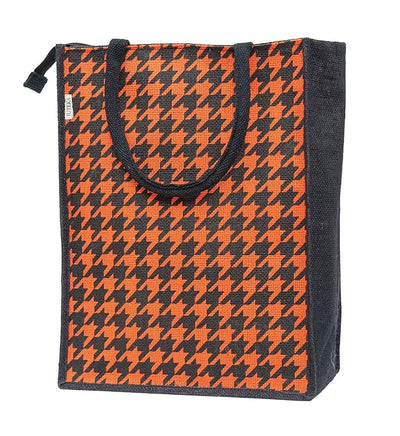 Houndstooth Printed Jute Bag With zip - Orange. Lunch Bag, Grocery Bag, Tote Bag, Hand Bag, Picnic Bag - Bag for Men, Bag for Women