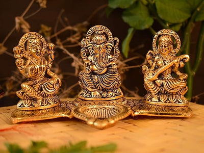 Lord Lakshmi Ganesha Saraswati with Diya Idol For Puja & Home Decor
