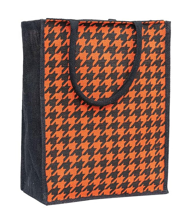 Houndstooth Printed Jute Bag With zip - Orange. Lunch Bag, Grocery Bag, Tote Bag, Hand Bag, Picnic Bag - Bag for Men, Bag for Women