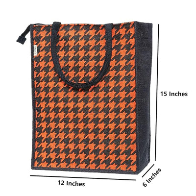 Houndstooth Printed Jute Bag With zip - Orange. Lunch Bag, Grocery Bag, Tote Bag, Hand Bag, Picnic Bag - Bag for Men, Bag for Women