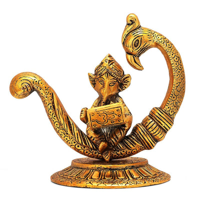 Handmade metal Ganesha idol, ideal for pooja room or as a collectible. Dimensions: 17.8L x 11.4W x 16.5H cm, 510 grams.