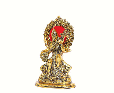 Gold Plated Maa Saraswati Metal Statue,Hindu Goddess Saraswati ji Murti for Pooja,Meditation,Office,Home,Study Table Decorative