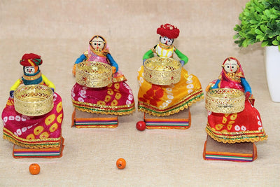 Recycled Martial Rajasthani Standing Dolls Tealight Candle Holder, Multicolor