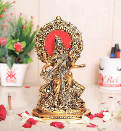Gold Plated Maa Saraswati Metal Statue,Hindu Goddess Saraswati ji Murti for Pooja,Meditation,Office,Home,Study Table Decorative