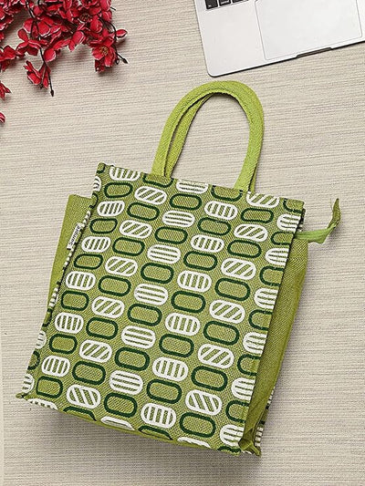 Trendy Jute Bags - Green, Eco-Friendly Jute Bags Tiffin/Shopping Grocery Multipurpose Hand Bag with Zip & Handle for Men & Women