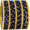 Fancy Glass Golden Beads & Polka Dots Velvet Bangles Set For Women and Girls - Dark Blue