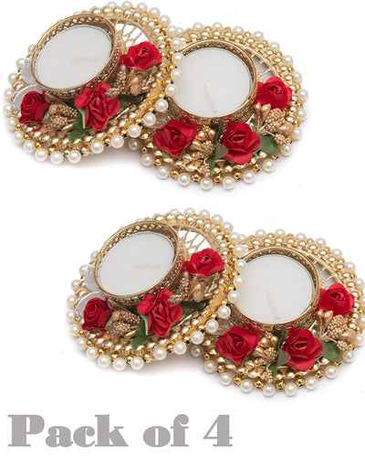 Tea Light Candle Holder and Diwali Decoration Items Traditional Designer golden Diya with Red Flowers for home décor Set of 4