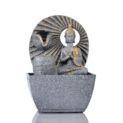 A water fountain featuring a statue of Buddha, the founder of Buddhism, surrounded by cascading waterfalls or a serene pool of water. The fountain may be made of stone, marble, or other materials and may have additional decorative elements, such as plants or lights.
