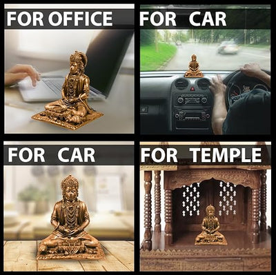 A small golden idol of Lord Hanuman, the Hindu monkey god, seated on a throne made of colorful flowers. The idol is placed on a car dashboard.