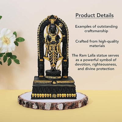 Handmade Ram Lalla idol, 12.7L x 8.6W x 25.6H cm, crafted from premium resin, showcasing intricate details, ideal for altars and spiritual decor