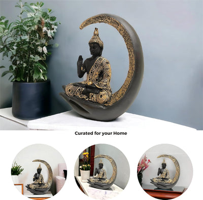 A decorative statue of Buddha seated in meditation pose under a crescent moon. The statue may be made of marble, stone, or another material and may have a serene and calming expression.