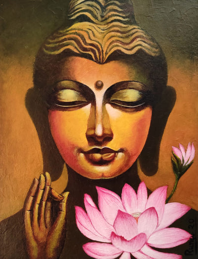 Lord Buddha Goutam Buddha Acrylic on Canvas Board 12 inch x 16 Inch
