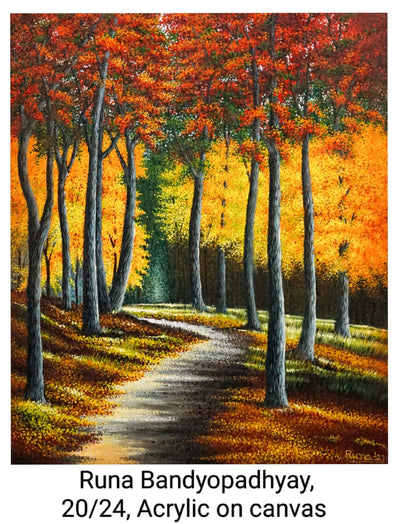 Eternal Journey: Solitary Path Through Spring Blossoms – Acrylic Art Landscape by Runa Bandyopadhyay - Unframed Original Painting