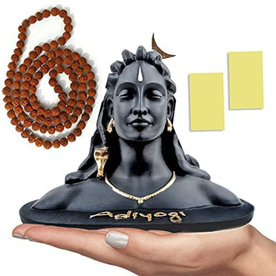Handmade Adiyogi Shiva statue with Rudraksha mala, designed for car dashboards and home altars, showcasing intricate details and craftsmanship