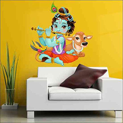 A vibrant peel-and-stick wall sticker of Lord Krishna playing his flute, perfect for nurseries and children's rooms.