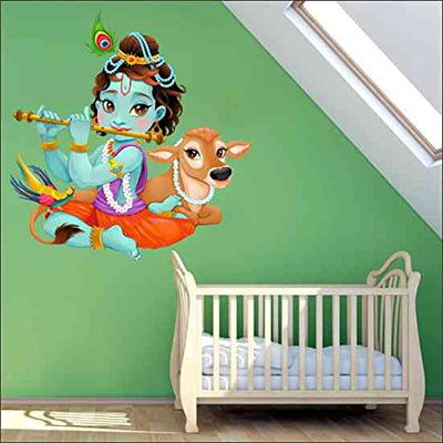 A vibrant peel-and-stick wall sticker of Lord Krishna playing his flute, perfect for nurseries and children's rooms.
