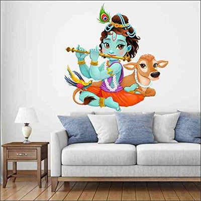 A vibrant peel-and-stick wall sticker of Lord Krishna playing his flute, perfect for nurseries and children's rooms.