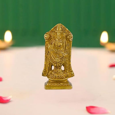 Antique brass statue of Tirupati Balaji, measuring 4 x 4 x 8 cm, handcrafted using traditional sand casting techniques, ideal for home decor and altars.