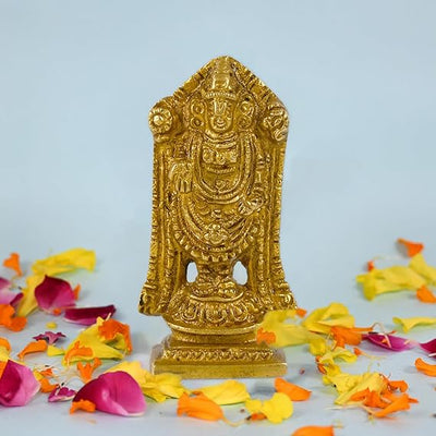 Antique brass statue of Tirupati Balaji, measuring 4 x 4 x 8 cm, handcrafted using traditional sand casting techniques, ideal for home decor and altars.
